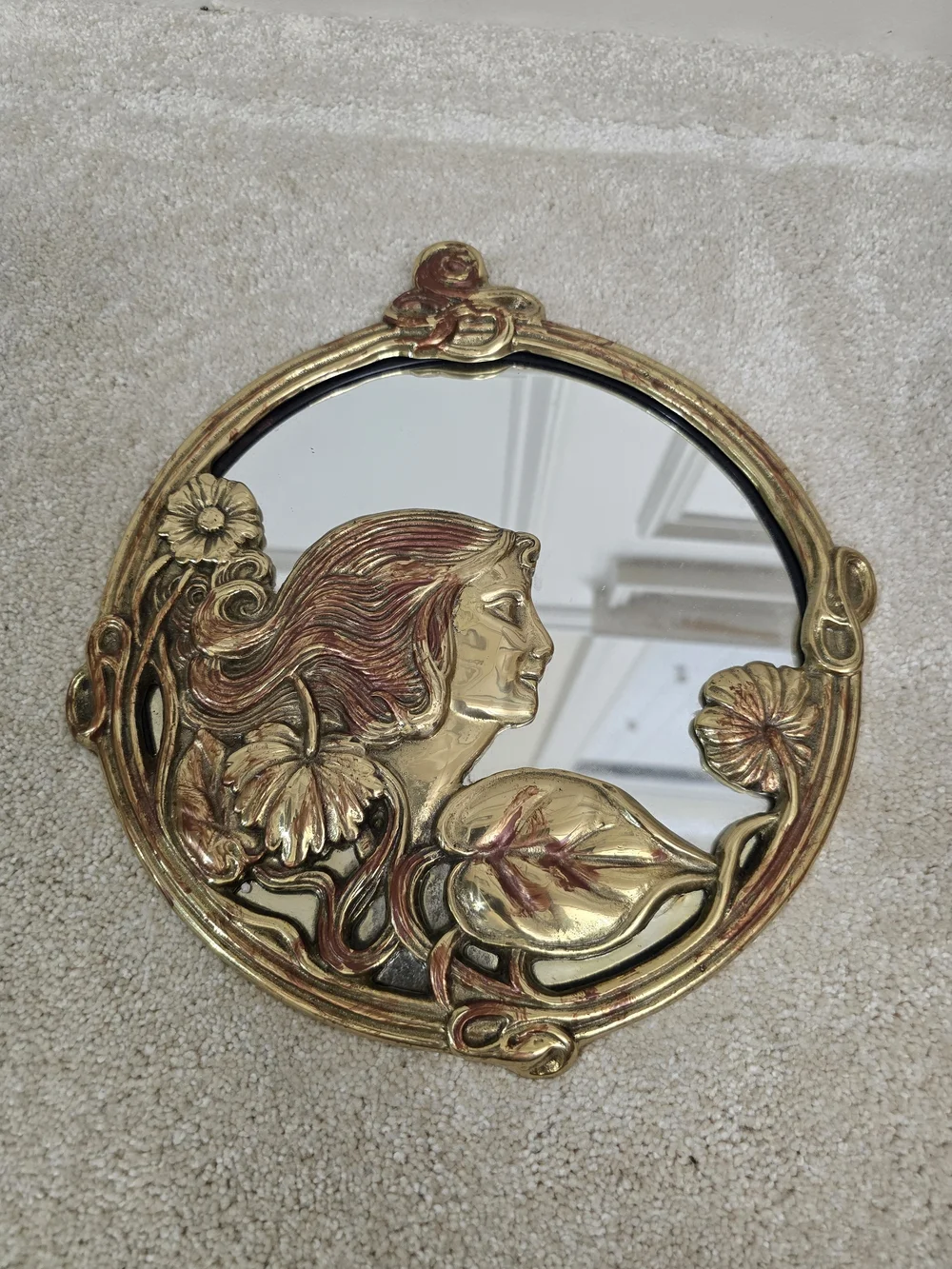 Art Nouveau Gold Decorative Round Wall Mirror with Floral Woman Motif